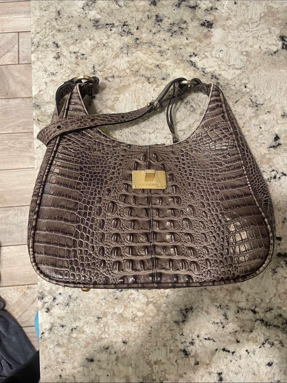 Brahmin Taupe Croc-Embossed Shoulder Bag with Gold Hardware
